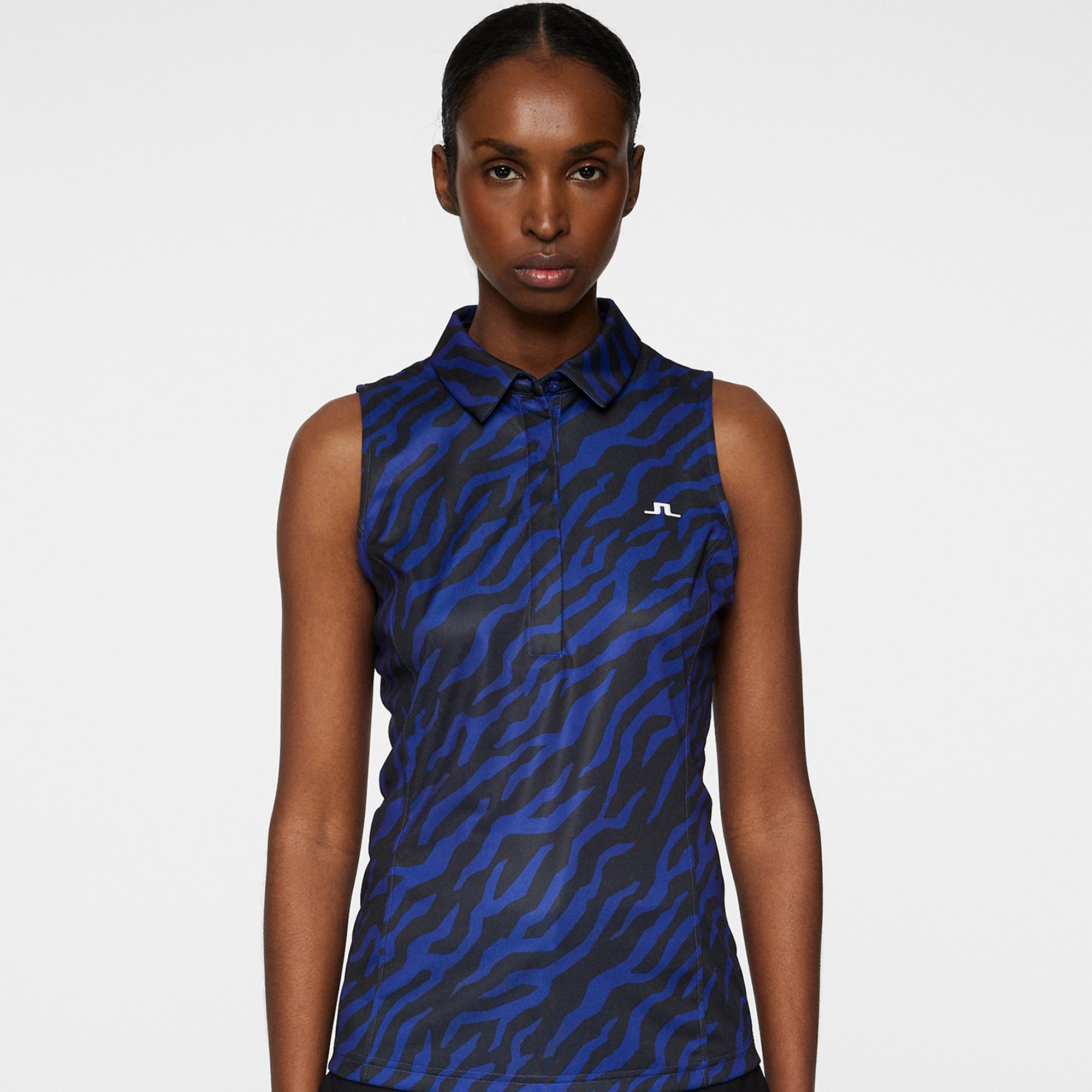 J Lindeberg Dena Print Ladies Sleeveless Golf Polo Shirt Tour Tiger Clematis